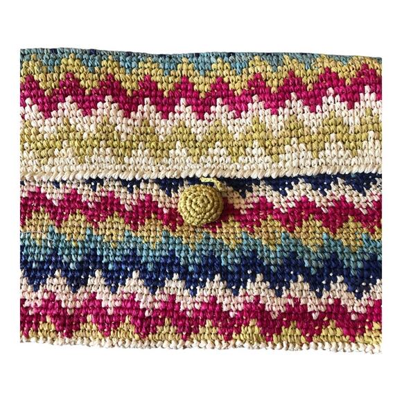 LoveStitch NIP Canary Islands Raffia Zig Zag Clutch Cream Pink Teal Navy Yellow - Picture 3 of 13